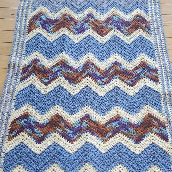 Handmade Crochet Chevron Lap Blanket Sofa Chair Throw Afghan Blue White 23"X77" - Picture 5 of 8